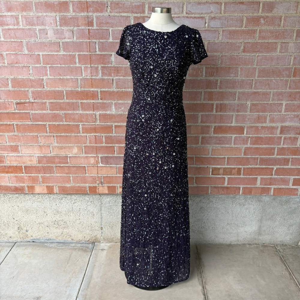 Adrianna Papell Plum Purple Sequin Maxi Gown Short Sleeve Scoop Back Size 14